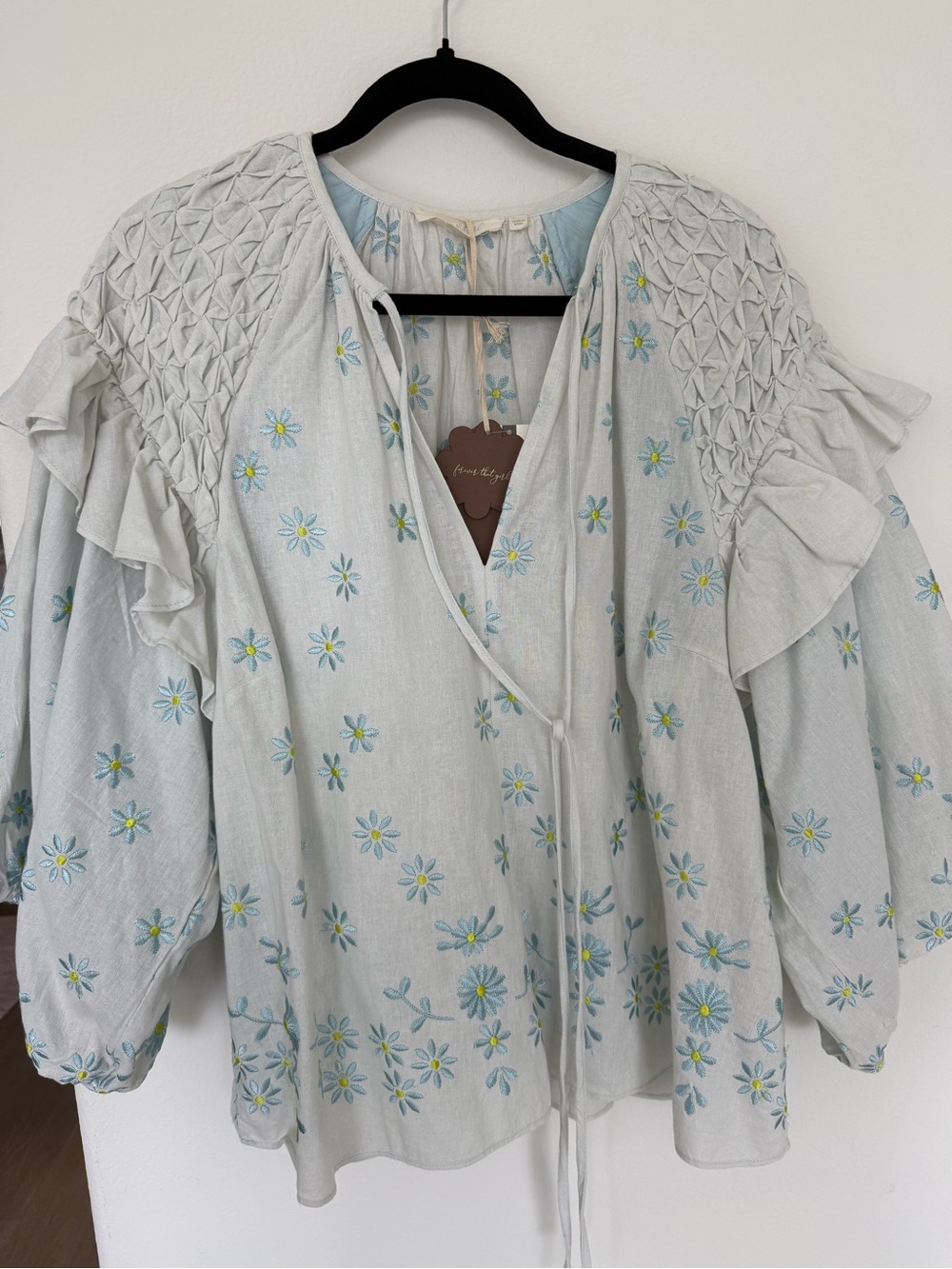 Embroidered Ruffle Peasant Blouse - Light Blue